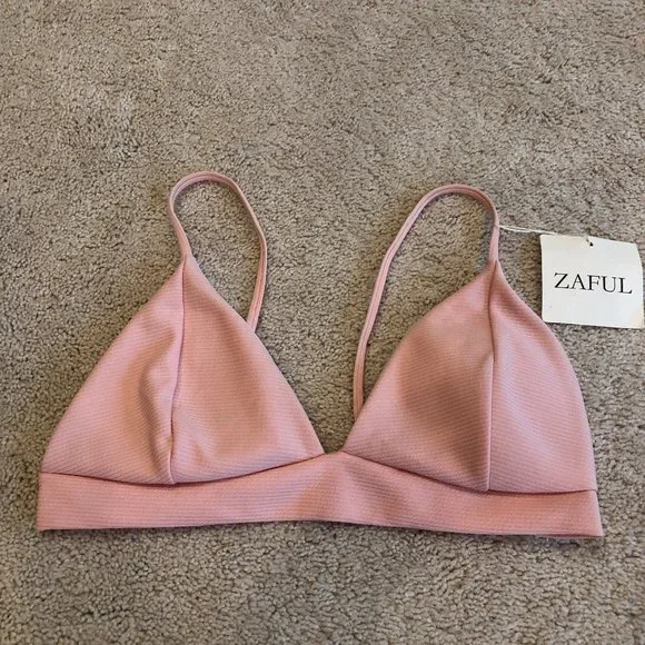 NWT ZAFUL BLUSH PINK TRIANGLE RIBBED BIKINI SWIMSUIT TOP SIZE MEDIUM - Picture 1 of 10